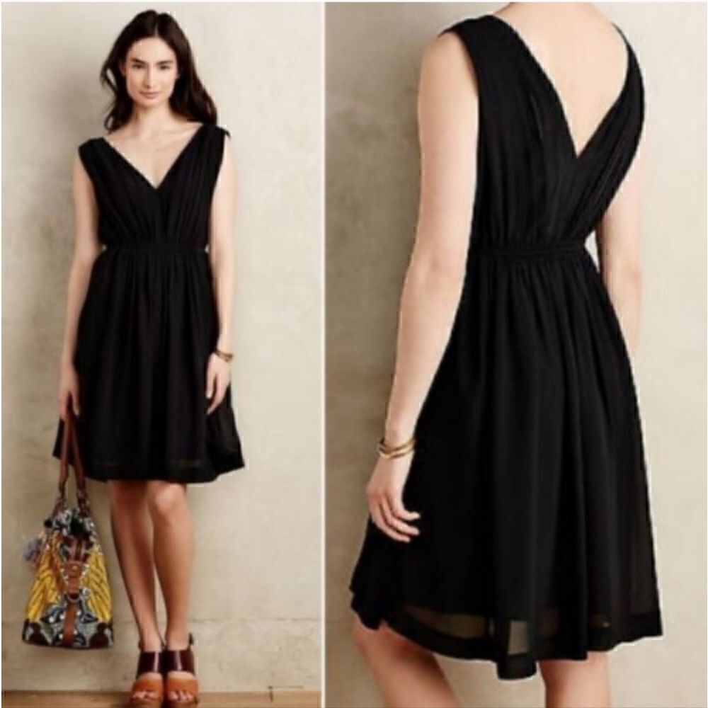 HD in Paris Lavana Anthropologie sleeveless pleated V neck black sheer dress S 0